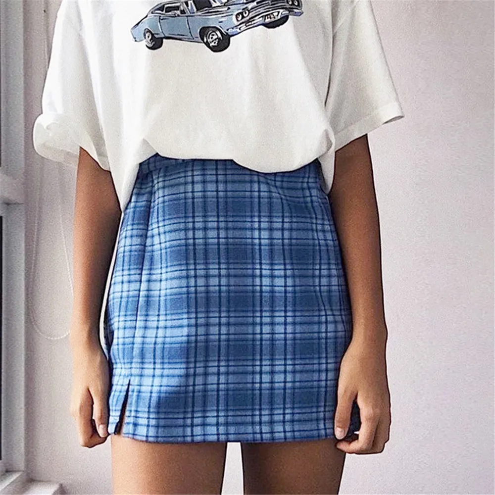 

Summer Kawaii Female High Waist A-Line Mini Skirt Sexy Split Plaid Print Package Hip Skirt Short Falda Blue 2021