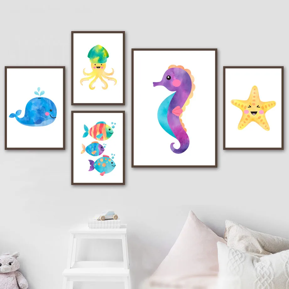 

Wall Art Canvas Painting Whale Hippocampus Starfish Sea World Cartoon Nordic Posters And Prints Wall Pictures For Kids Room Girl