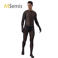 mens lingerie sheer skinny jumpsuits nightclub hosiery bodysuit see through mesh bodystocking zipper crotch bodysuit