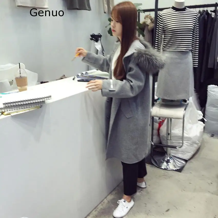 Пальто с воротником из искусственного меха женская шерстяная куртка капюшоном