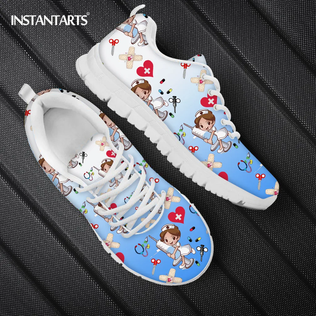 

INSTANTARTS Brand Design Nursing Shoes for Women Cartoon Nurse Doctor Pattern Lace Up Outdoor Walk Sneaker Ladies Hospital Work