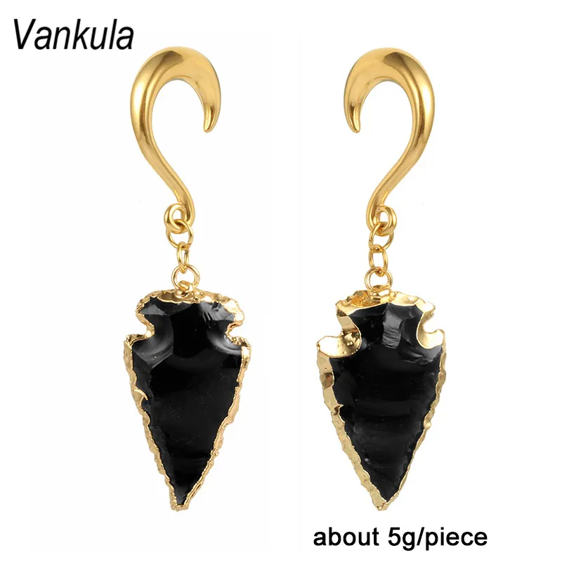 

Vankula new arrival irregular natural stone ear plugs dangle ear tunnel stainless steel gold ear weight hook body piercing