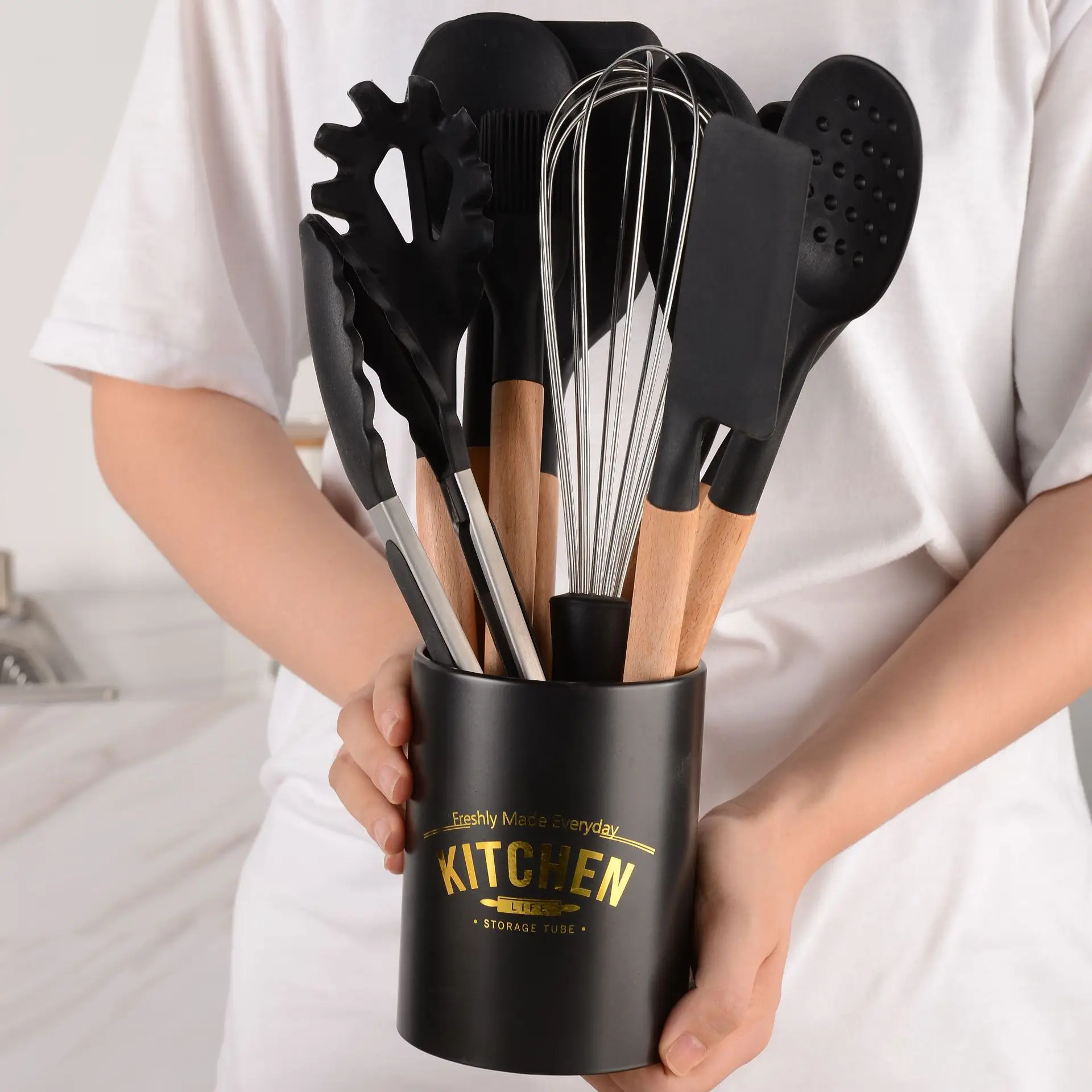 10 pcs set Black Cooking Silicone Utensils With Beech wood handle Multifunction Handle Non-Stick  kitchen gadget and accessories