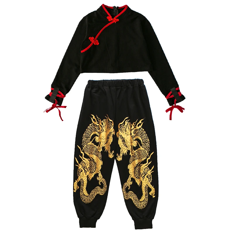 

Chinese Style Girls Black Modern Dance Hip Hop Clothes Jazz Performance Rave Clothes Children Street Dance Stage Outfits 110-180