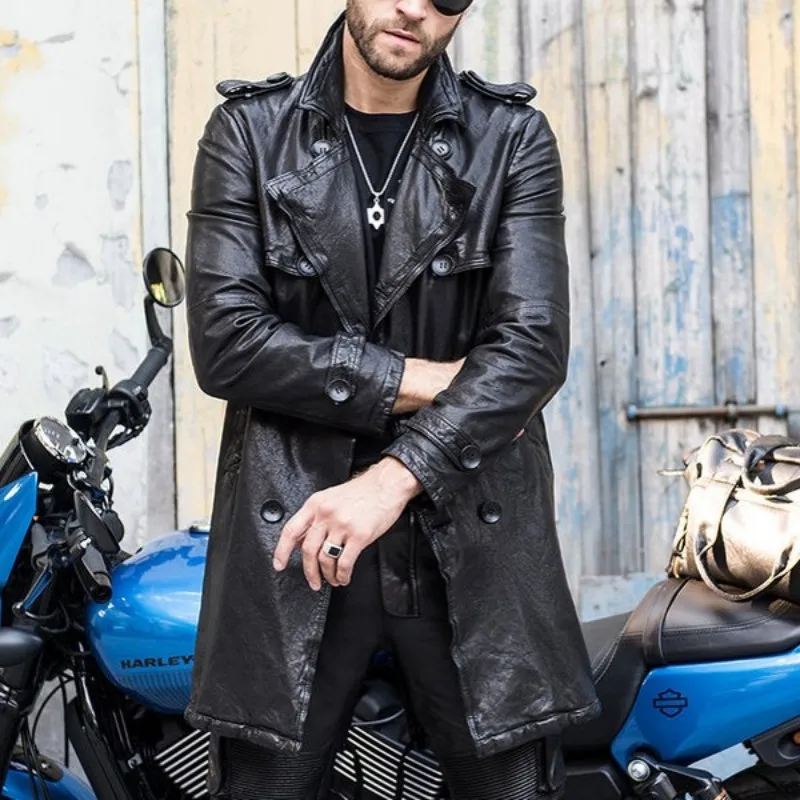 

Sheepskin Luxury Motorcycle Jacket Men 100% Real Leather Long Windbreaker Streetwear Autumn Double Breasted Biker Coat Outerwear