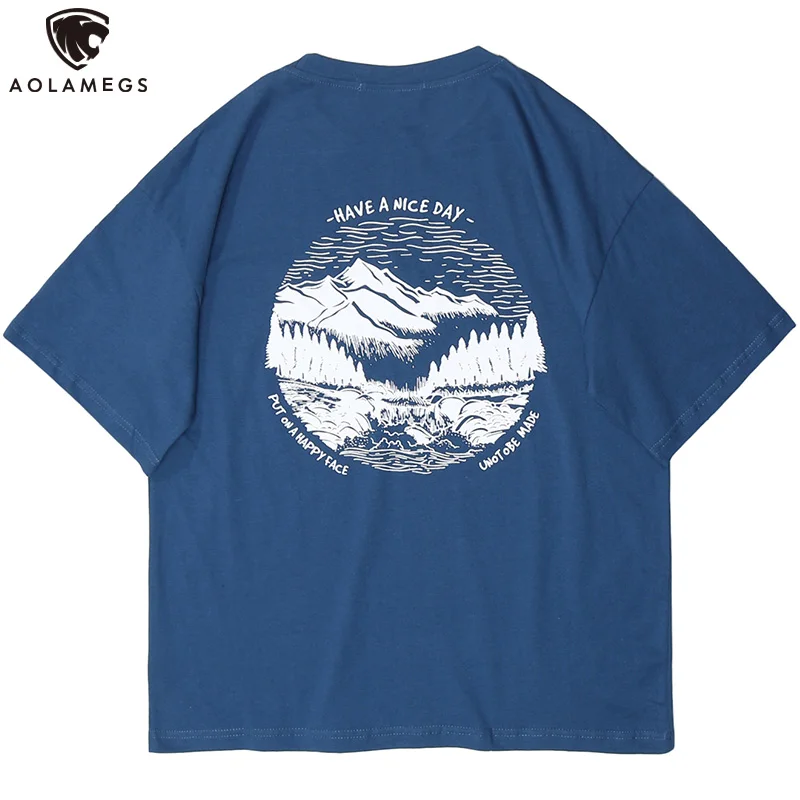 

Aolamegs Men's T-Shirts Harajuku Oversized T-shirt Japanese Simple Mountain Print Tee Shirts For Men Summer Streetwear All-match