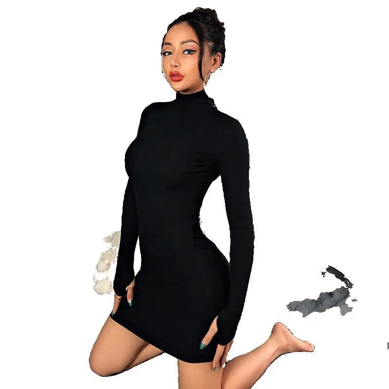 

Autumn Slim Fit Sheath Women Sexy Wrap Dress Candy Color Half High Collar Full Sleeves Women Girls Casual Vintage OL Dresses