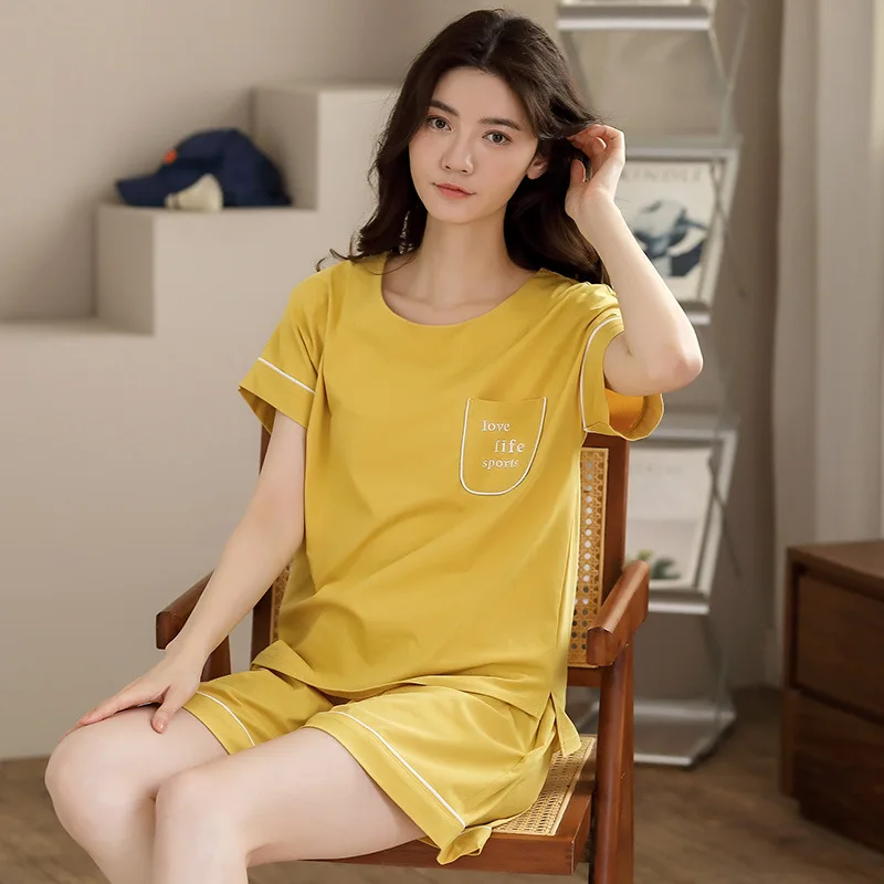 2021 New Pajamas Set Women's Summer Cotton Nightwear Short Sleeve Shorts Korean Casual Thin Cotton Home Suit Sleepwear Nightgown