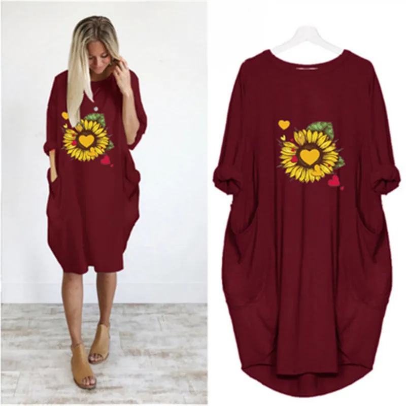 

Women Dress Sunflower Printed Cute Flowers Pockets Casual Dress Vintage Party Clothes Womans Loose Dresses Lady Vestidos