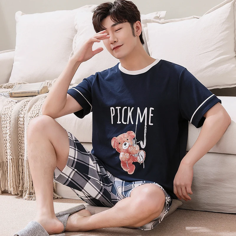 

Short Sleeve Summer Cotton Comfortable Soft Comfort Check Pants Sleepwear Letter Bear Simple Round Neck Ladies Couple Home Wear