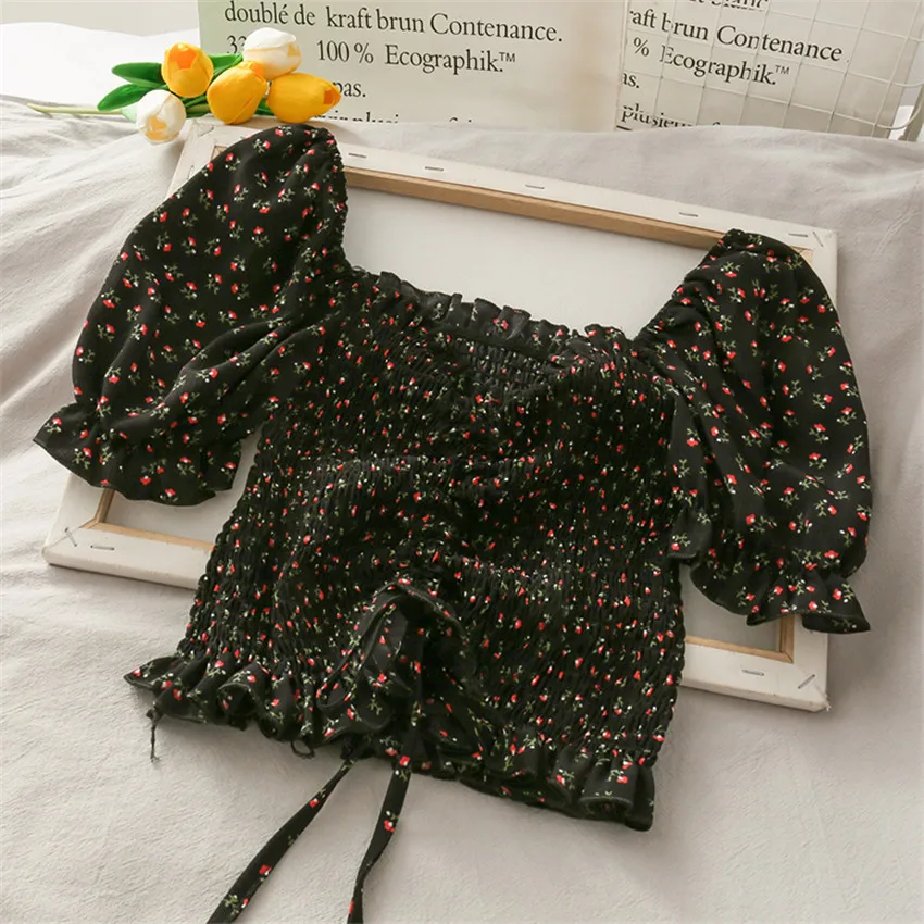 

Summer Chiffon Blouse Girls Sexy Off Shoulder Tops Women Puff Sleeve French Style Vintage Blouses Floral Elegant Shirts Crop Top