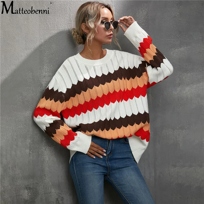 

Fashion Striped Knitted sweater O-neck women's autumn winter Pullover Leisure Office lady fashion Casual Knitted sweater 2020