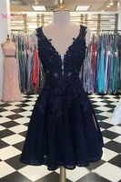 dark navy lace prom homecoming dresses o neck appliqued cheap short a line sleeveless beaded formal evening gowns