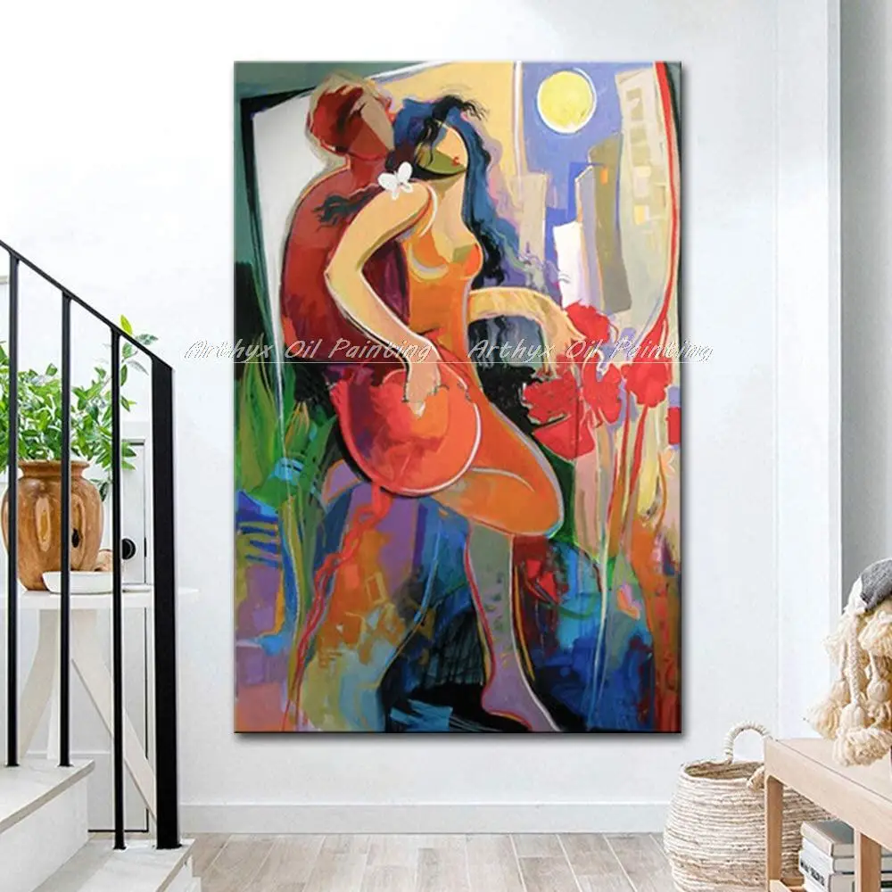 Arthyx-figura de parejas abstractas pintadas a mano, pintura al &oacute;leo sobre lienzo, arte de pared moderno, imagen de ni&ntilde;a para decoraci&oacute;n del hogar y sala de estar-4
