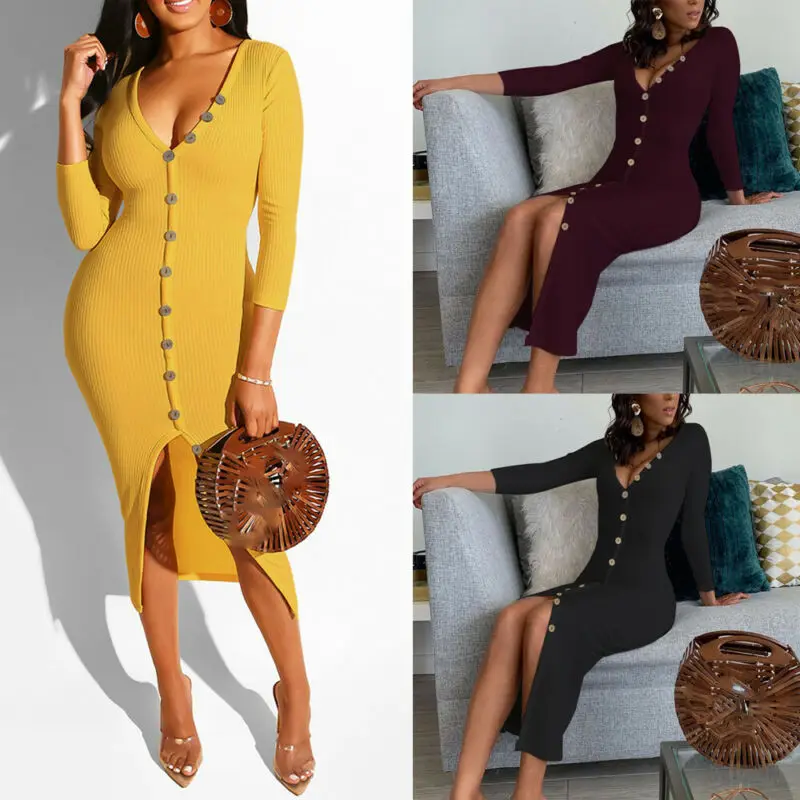 

Bandage Party Dress Autumn Women Dress Fashion Button V Neck Long Dress Solid Club Long Sleeve Bodycon