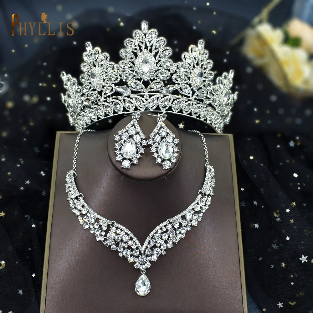 

A07 Luxury Rhinestone Headband Bridal Jewelry Sets Bridal Headwear Women Crown Queen Diadem Brides Tiara Earring Necklace Set