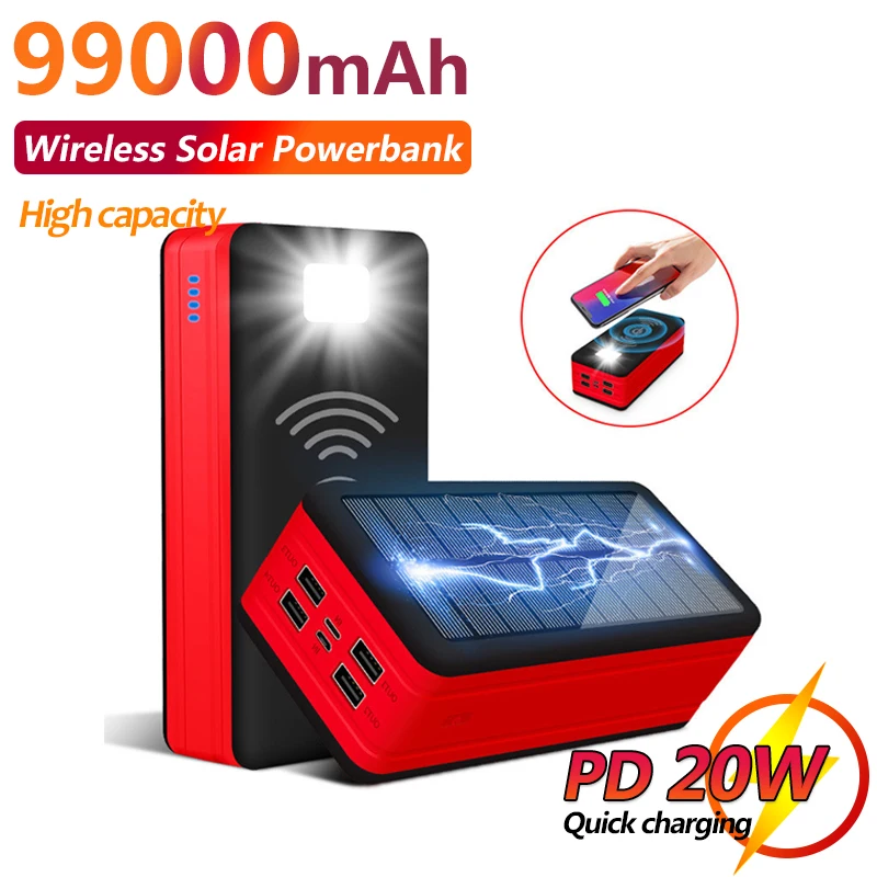 

Wireless Charger 99000mAh Solar Power Bank with 4 USB LED Lights Camping Light Portable Fast Charging External Battery