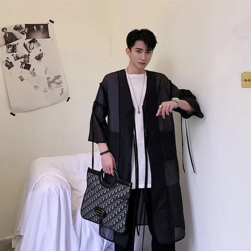 Тренчкот мужской полупрозрачный сетчатый длинный кардиган в стиле