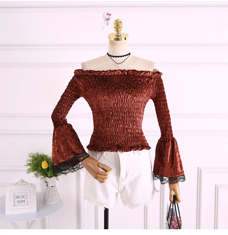 Женская велюровая футболка с открытыми плечами короткая бархатная длинным