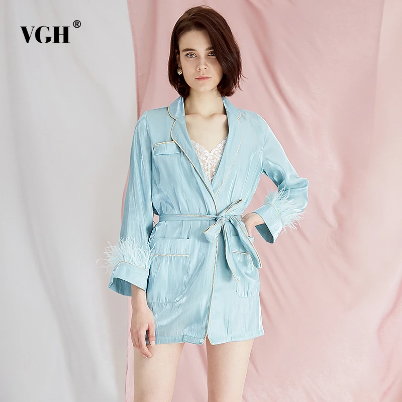 Женские пальто с перьями VGH лоскутные куртки длинным рукавом и высокой талией на