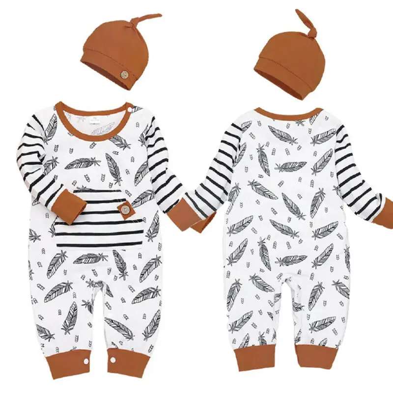 

lioraitiin 0-24M Baby Boy Autumn Clothes Baby Girl Boy Feather Clothes Long Sleeve Romper Jumpsuit 100% Cotton +Hat Home Outfit