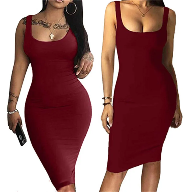 

Женское повседневное облегающее платье, однотонное Привлекательное платье-карандаш с U-образным вырезом, облегающее платье стрейч без рука...
