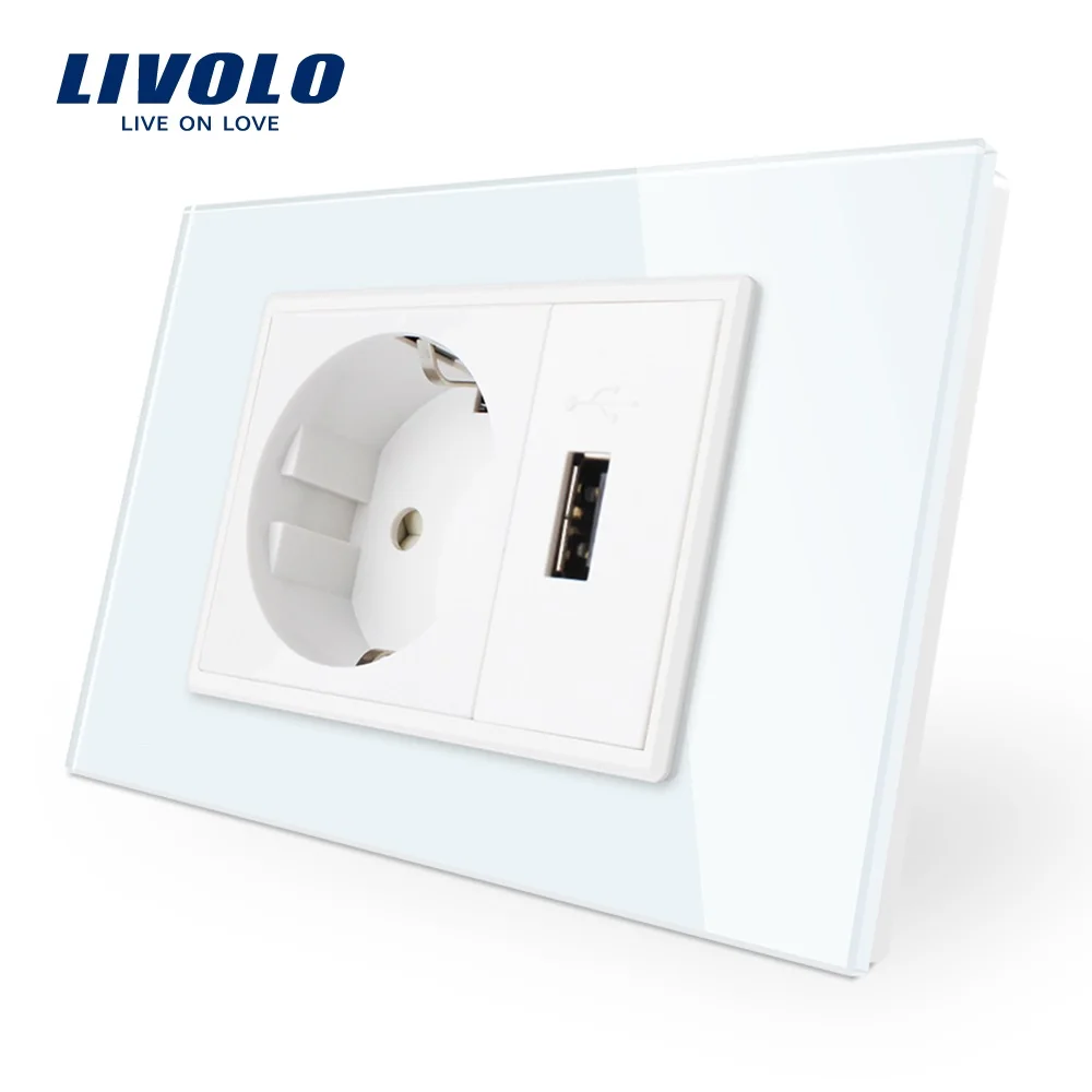 

Livolo Two Gang EU Socket & USB socket , White Crystal Glass Panel, AC 110~250V 16A Wall Power Socket, VL-C9C1EU1U-11