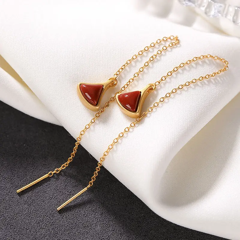 

S925 Sterling Silver Inlaid Natural Hetian Jade Gray Jade South Red Fan-Shaped Hanging Earrings Stylish Graceful Simple Earrings