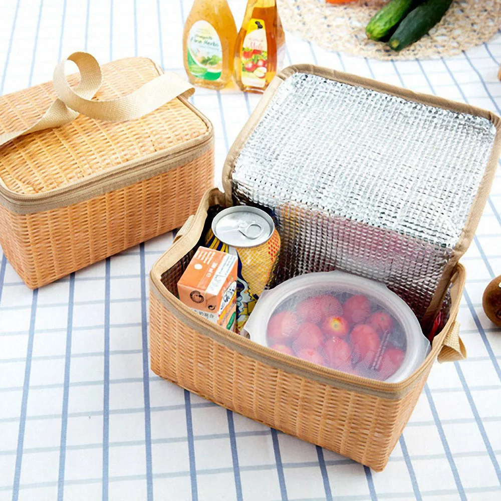 Переносная плетеная Сумка для пикника из ротанга, водонепроницаемая посуда, изолированный термоохладитель, пищевой контейнер, корзина для кемпинга и пикника