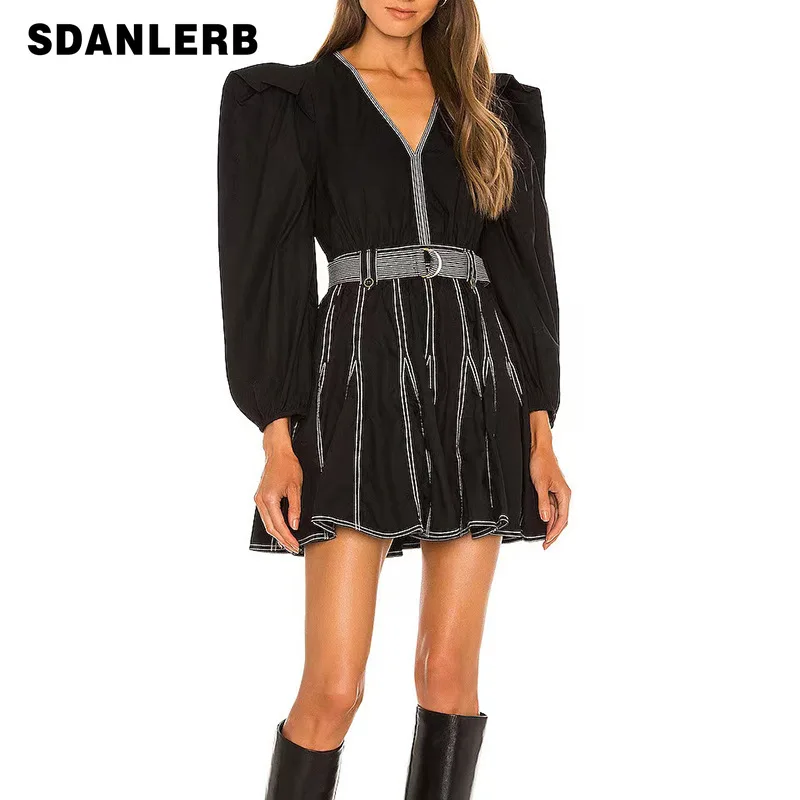 

Puff Sleeve Short Dress 2021 Autumn New Sexy V-neck Stitching High Waist A- Line Long Sleeve Solid Color Dress with Belt