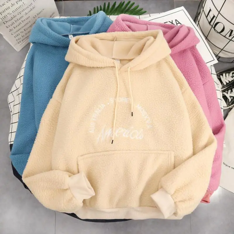 

Winter New Loose Fleece Letter Pullover Sweatshirt Tops Loose Lamb Hoodies Casual Women's solid Sportswear korean kawaii hoodie