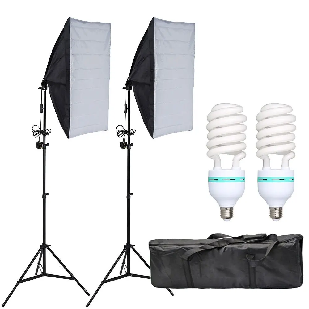 50x70CM Photography Softbox Lighting Kits Professional Continuous Light System Equipment E27 Socket 135W Bulb Light Tripod Stand