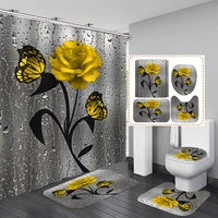 High Quality Yellow Flowers Bathroom Curtains Sets Non-Slip Rug Toilet Lid Cover Butterfly Shower Curtain Set Bath Mats Rugs