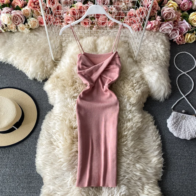

Sexy Knitted Slip Dress Women Autumn Summer 2021 New Girl Pleated Bust Dress Ladies Wrap Hip Short Spaghetti Strap Dress