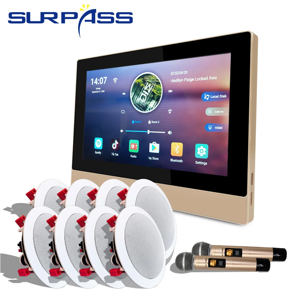 구매 터치 스크린 벽 앰프 블루투스 와이파이 안드로이드 8.1, 천장 스피커 무선 마이크 스테레오 홈 시어터 가라오케 오디오
