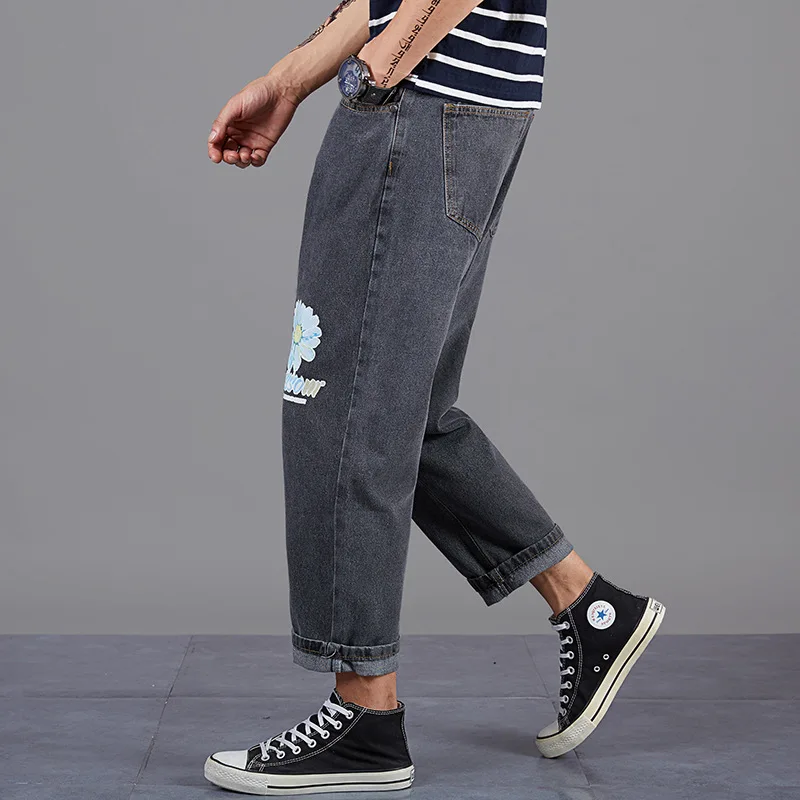 

men's casual cropped jeans loose Harlan straight pants wide leg drop feeling Hong Kong Style Korean version daddy pants