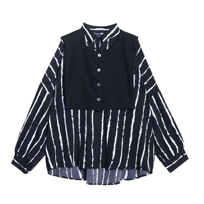

CHICEVER Korean Two Piece Set For Women Lapel Long Sleeve Striped Shirt With Black Knitted Vest Oversized Sets Female 2020 Tide