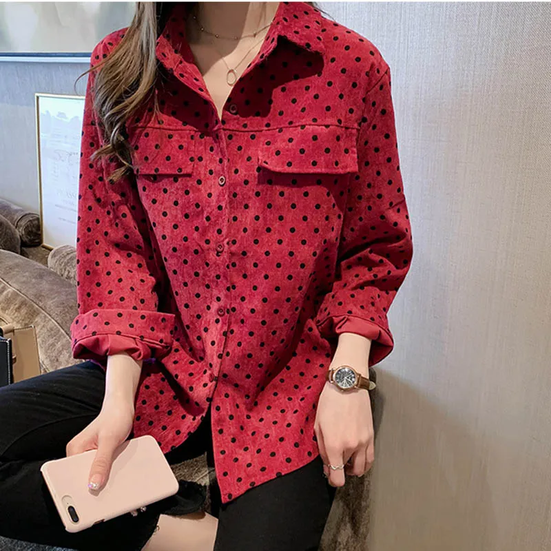 2019 осень новая Женская Ретро волна красная Свободная рубашка большого размера с