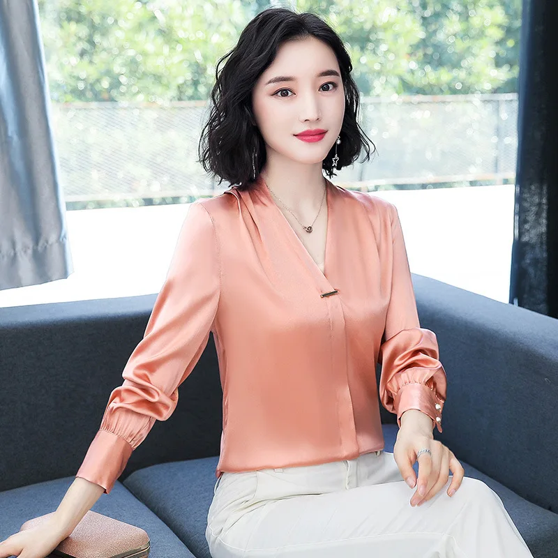 Стильная женская длинная шелковая рубашка французский элегантный стиль