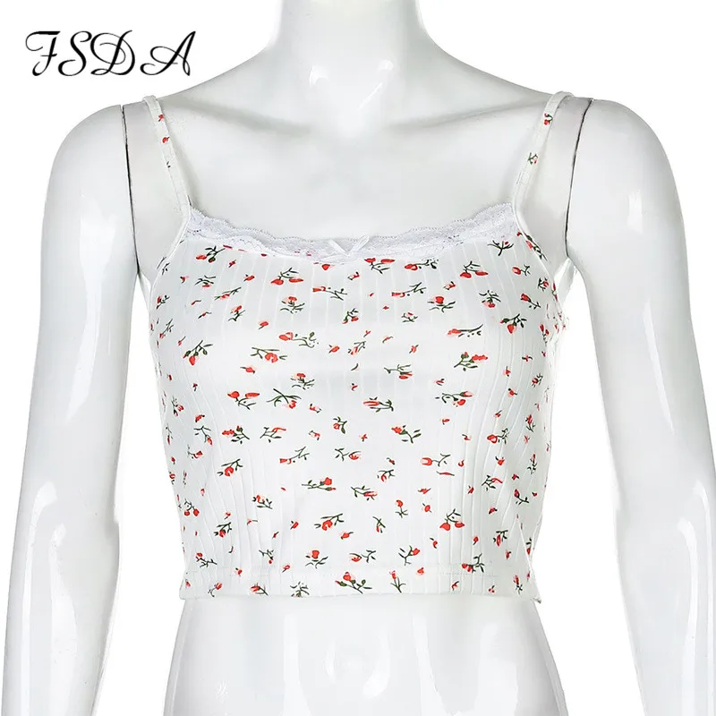 Женский Кружевной укороченный топ FSDA белый Повседневный Топ на бретелях с