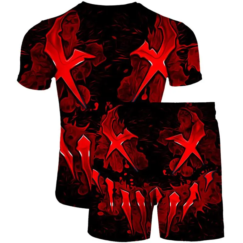 

2021 foreign trade digital printing mouth pattern T-shirt suit men and women casual 3D short-sleeved shorts two-piece trend