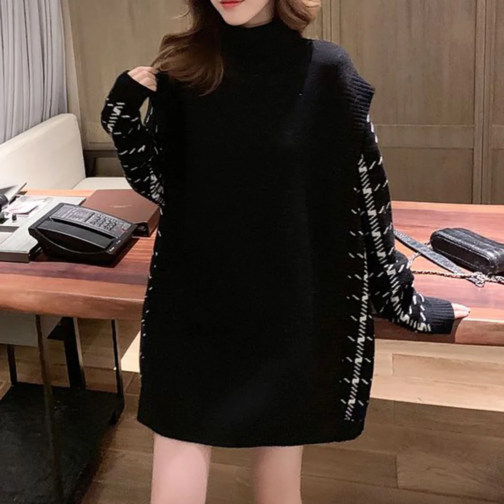 Зима 2020 новое трикотажное мини платье с высокой горловиной сшитое из двух частей