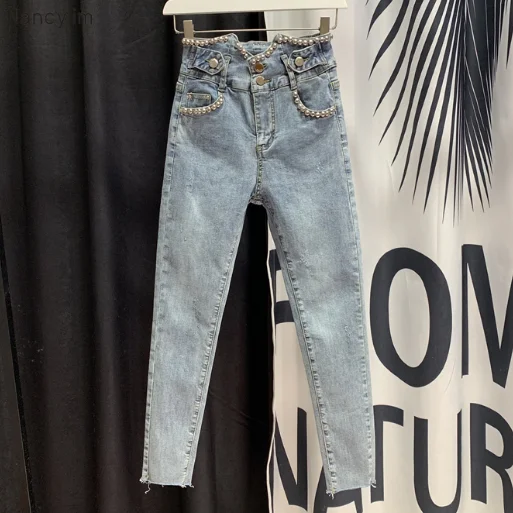 Джинсы с высокой талией весна-лето 2020 Новые укороченные джинсы-шаровары бисером