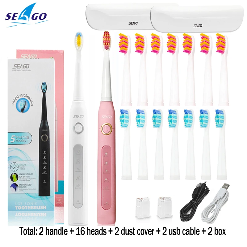 white pink box head Seago SG-507, электрическая зубная щетка для взрослых с таймером, электрическая зубная щетка с зарядкой от USB, 3 шт., Сменная головка щетки - Цвет: white pink box head