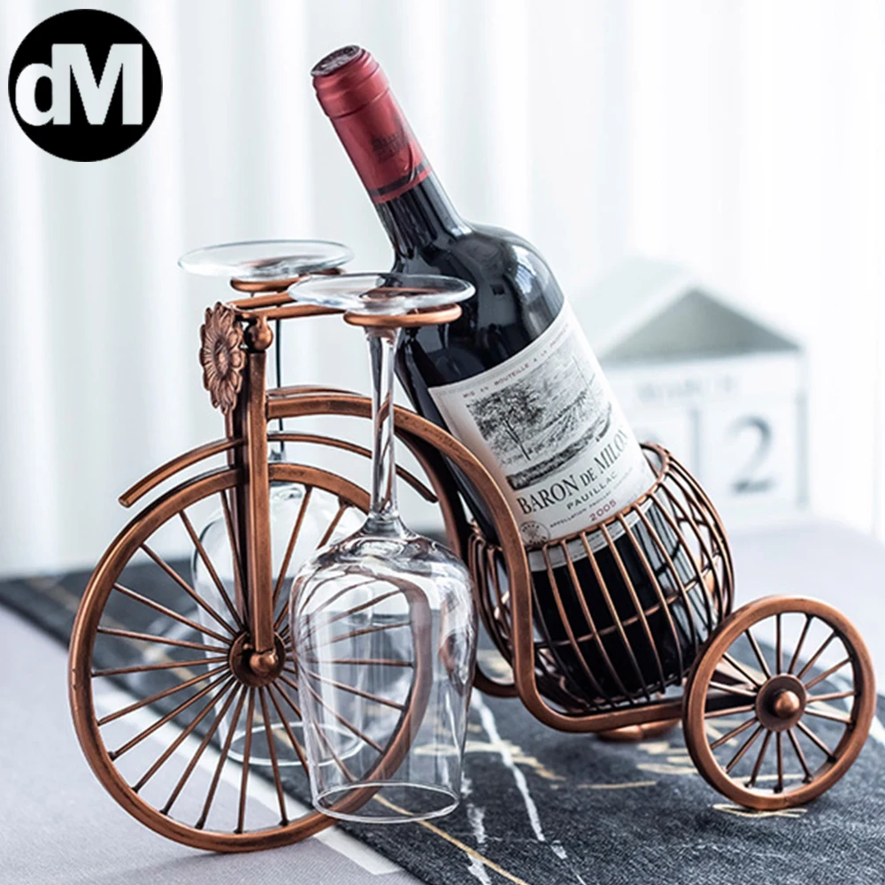

DM Retro Metal Barrel Tricycle Model Wine Holder Ornamental Iron Art Bike Bottle Rack Goblet Hanger Wine Serving Bar Decor Craft