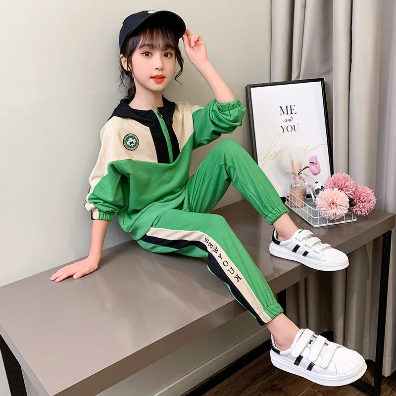 

Girls Solid Color Stitching Top+Pants 2Pcs Girls Clothing Sets For Kids Sports Suits 2021 Spring Children Fashion Casual Sets