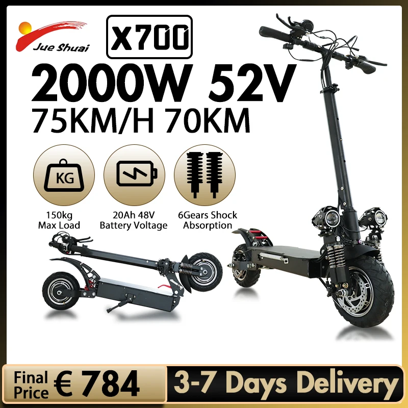 

52V 2000W Dual Motor Electric Scooter 75KM/H Max Speed Electric Scooters Adults 10" Off-Road Wheel E Scooter 70KM Max Long Range