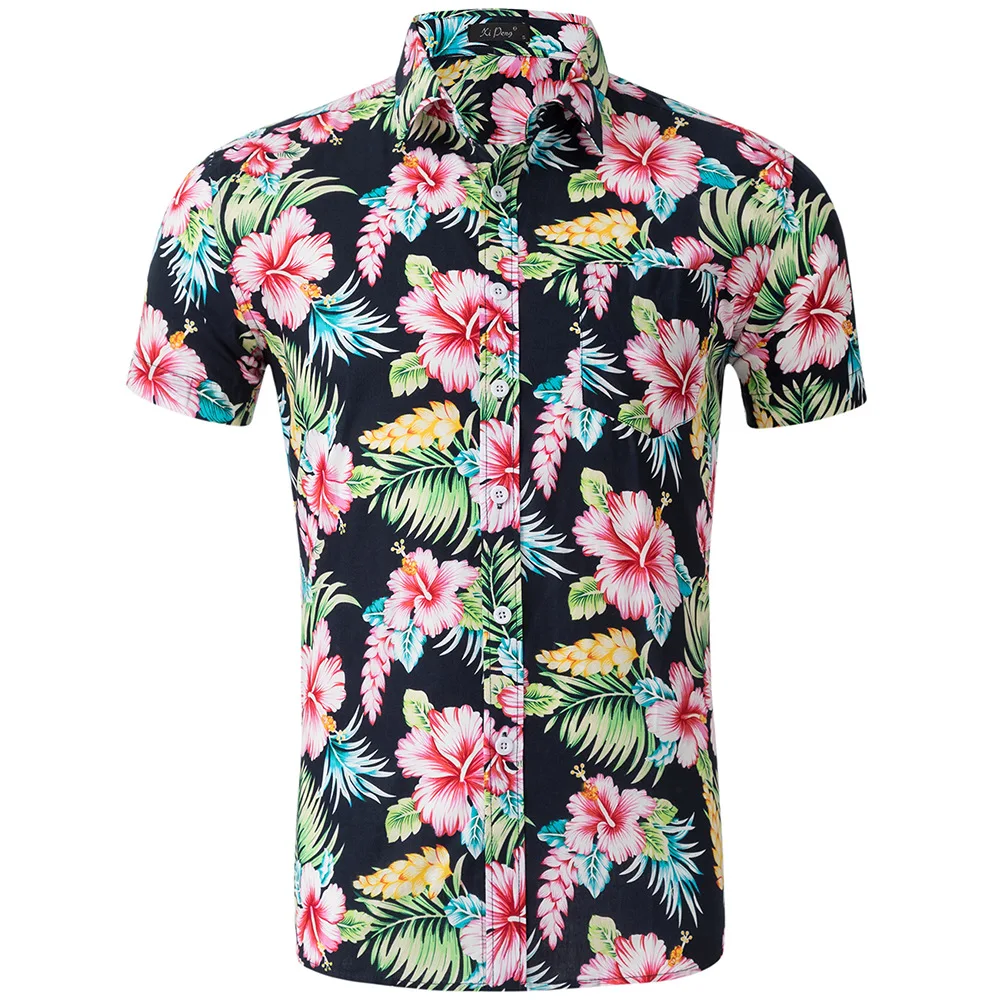 

Mens Short Sleeve Hawaiian Shirt Summer Single Patch Pocket Fashion Printed Floral Loose Casual Shirts Camisa Masculina