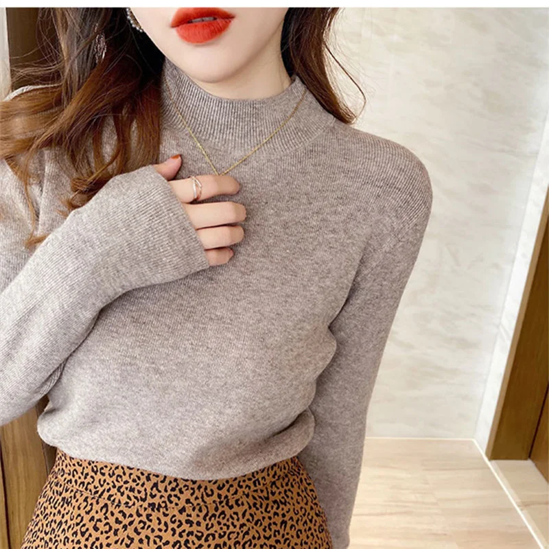 

Fashion Women's Knitted Sweater Solid Tops Half High Collar Winter Womens Sweaters Woman Basic Female Top Clothing Hot Sale