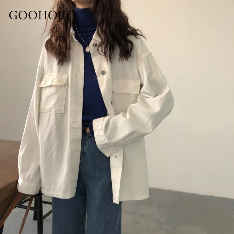 

Новинка 2021, весенне-осенняя однотонная ковбойская куртка GOOHOJIO, модные женские куртки, повседневные шикарные женские куртки